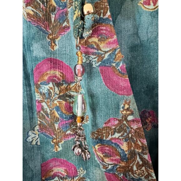 Carole Little Vintage Green Floral Cropped Tasseled Blouse Size 8P - Picture 5 of 8